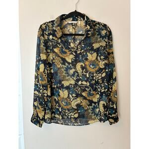 Soft Surroundings Viola Shimmer Long Sleeve Blouse Size Small Blue Gold Sheer